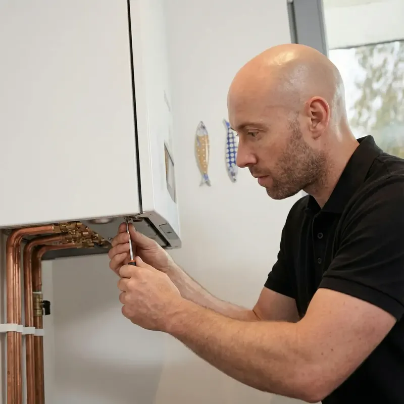 George Lane checking the controls of a wall-hung gas boiler